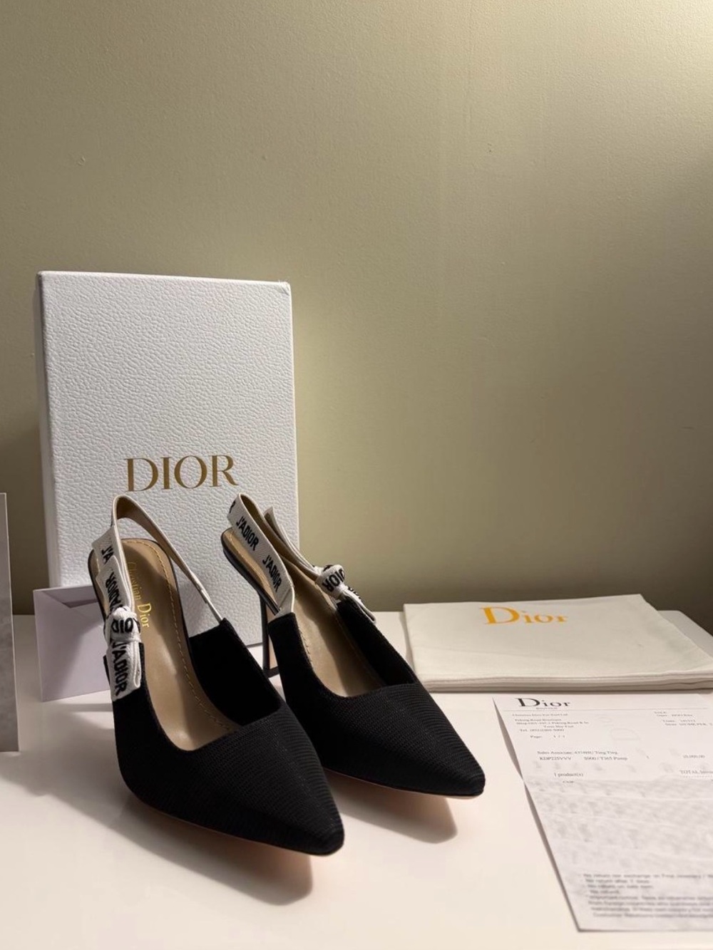 Dior Black Pointed Slingback Pumps with White Logo Ribbon